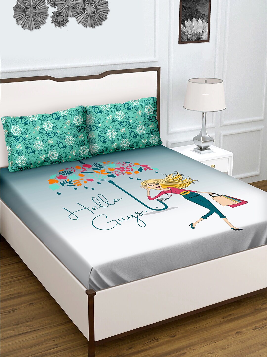 

BELLA CASA Teal & Grey 180 TC King Abstract Cotton Bedsheet with 2 Pillow Covers