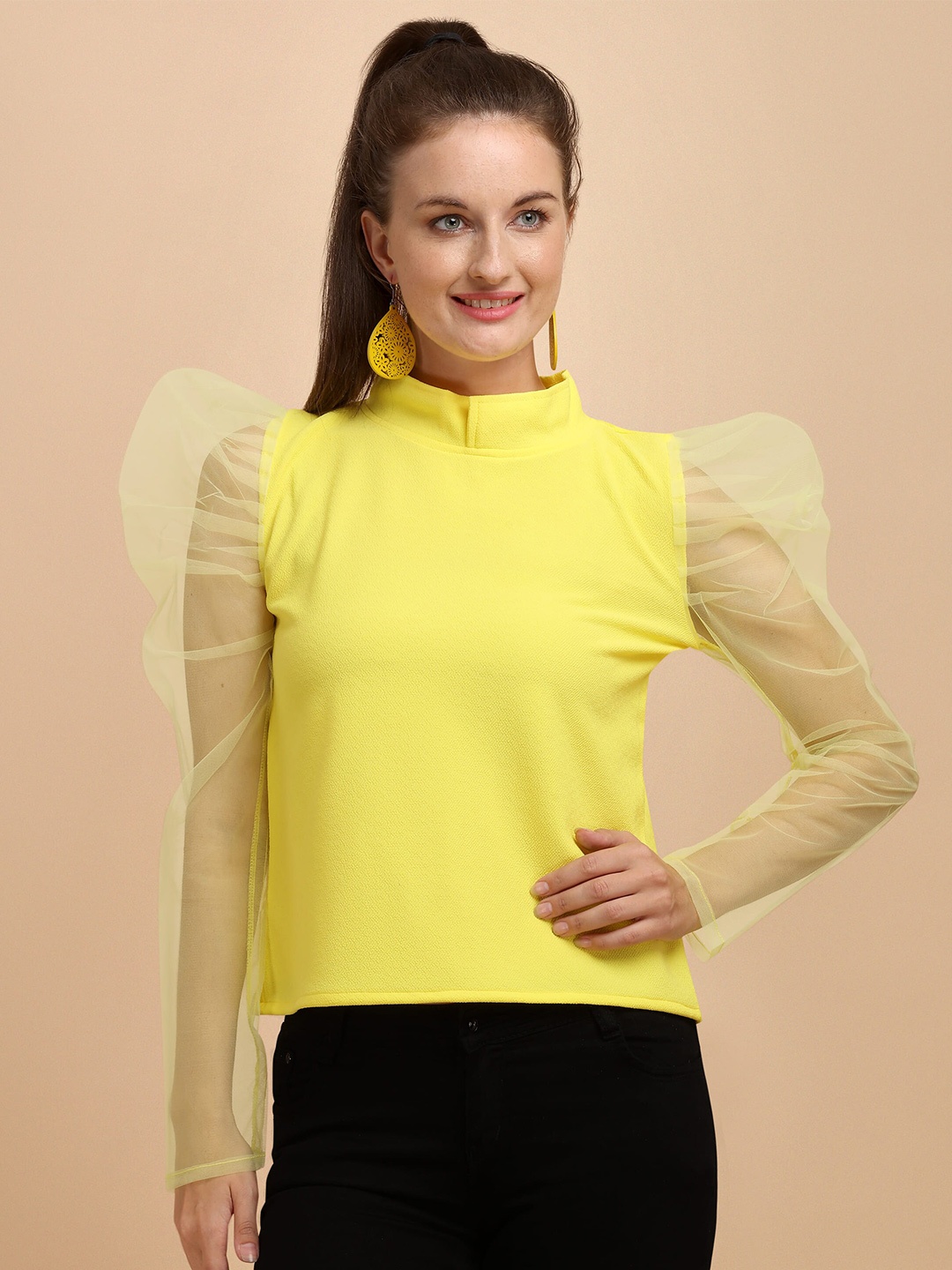 

Paralians Yellow Solid High Neck Puff Sleeves Top