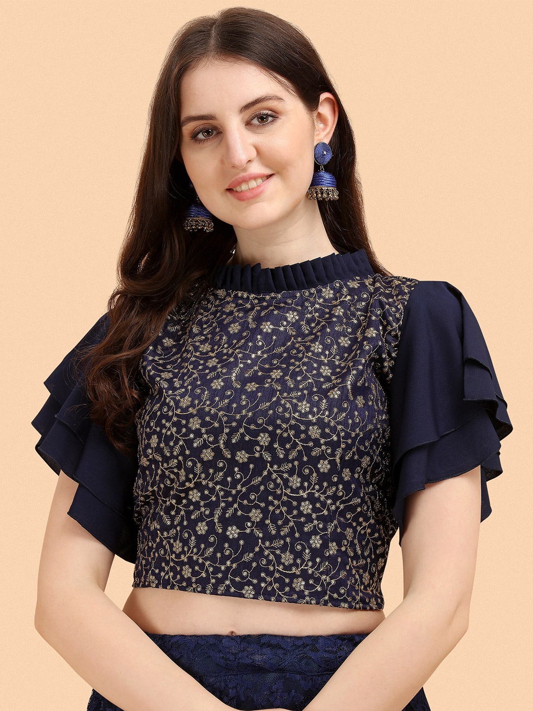 

Paralians Blue & Golden Floral Embroidered Ethnic Crop Top