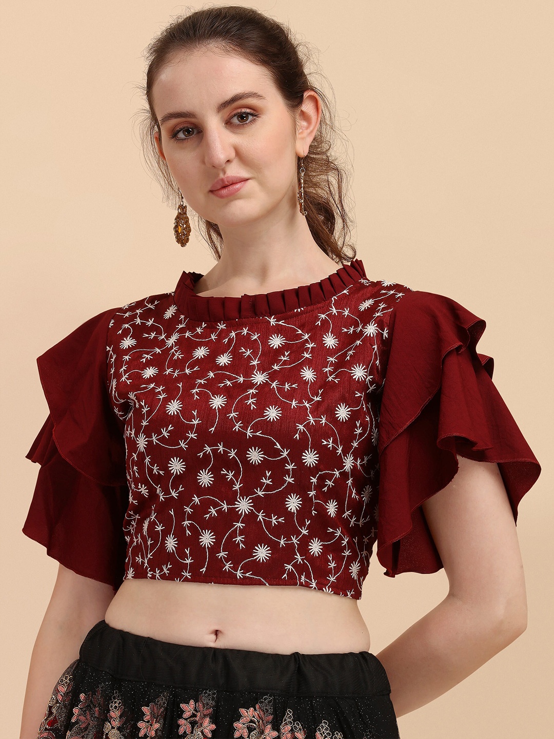 

Paralians Women Maroon Floral Embroidered Crop Top