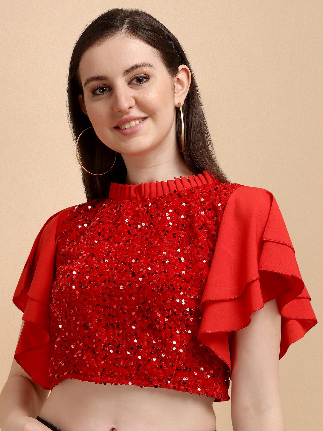 

Paralians Women Red Embellished Velvet Crop Top