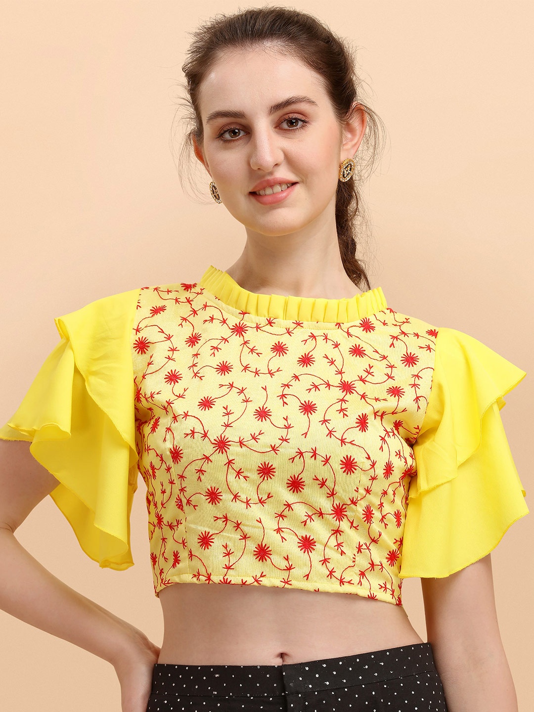 

Paralians Women Yellow Floral Embroidered Crop Top