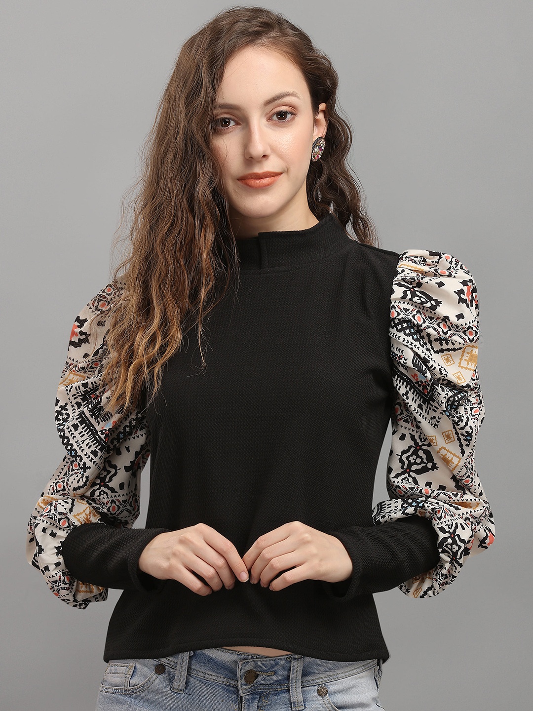 

Paralians Women Black Print Bishop Sleeves Top