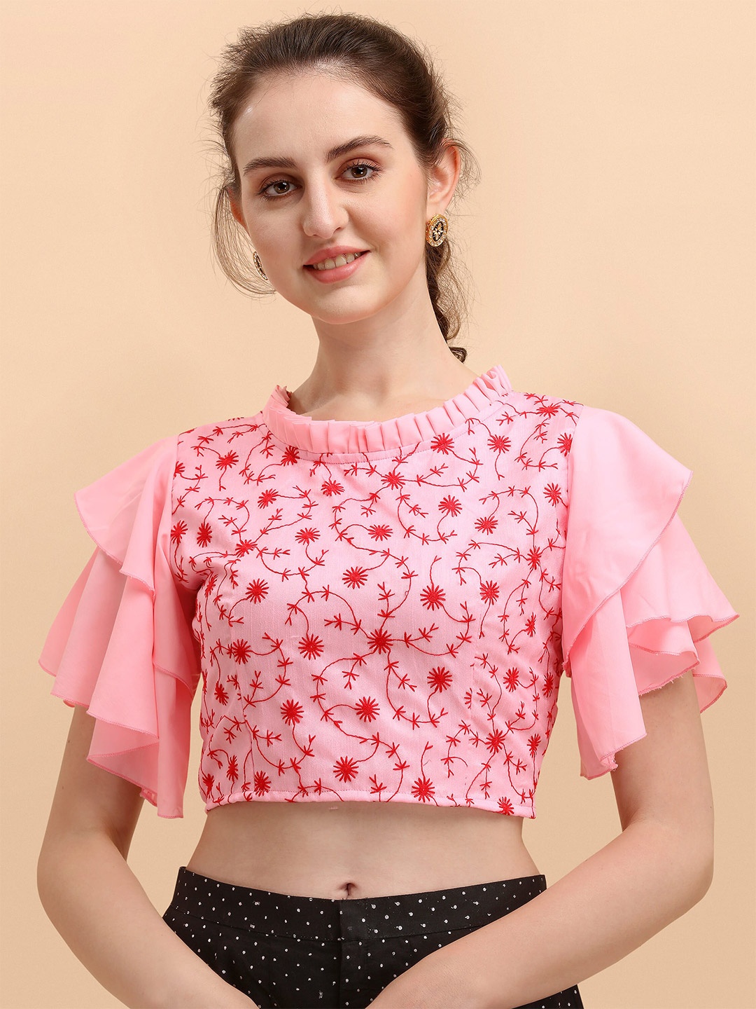 

Paralians Women Pink Floral Embroidered Crop Top