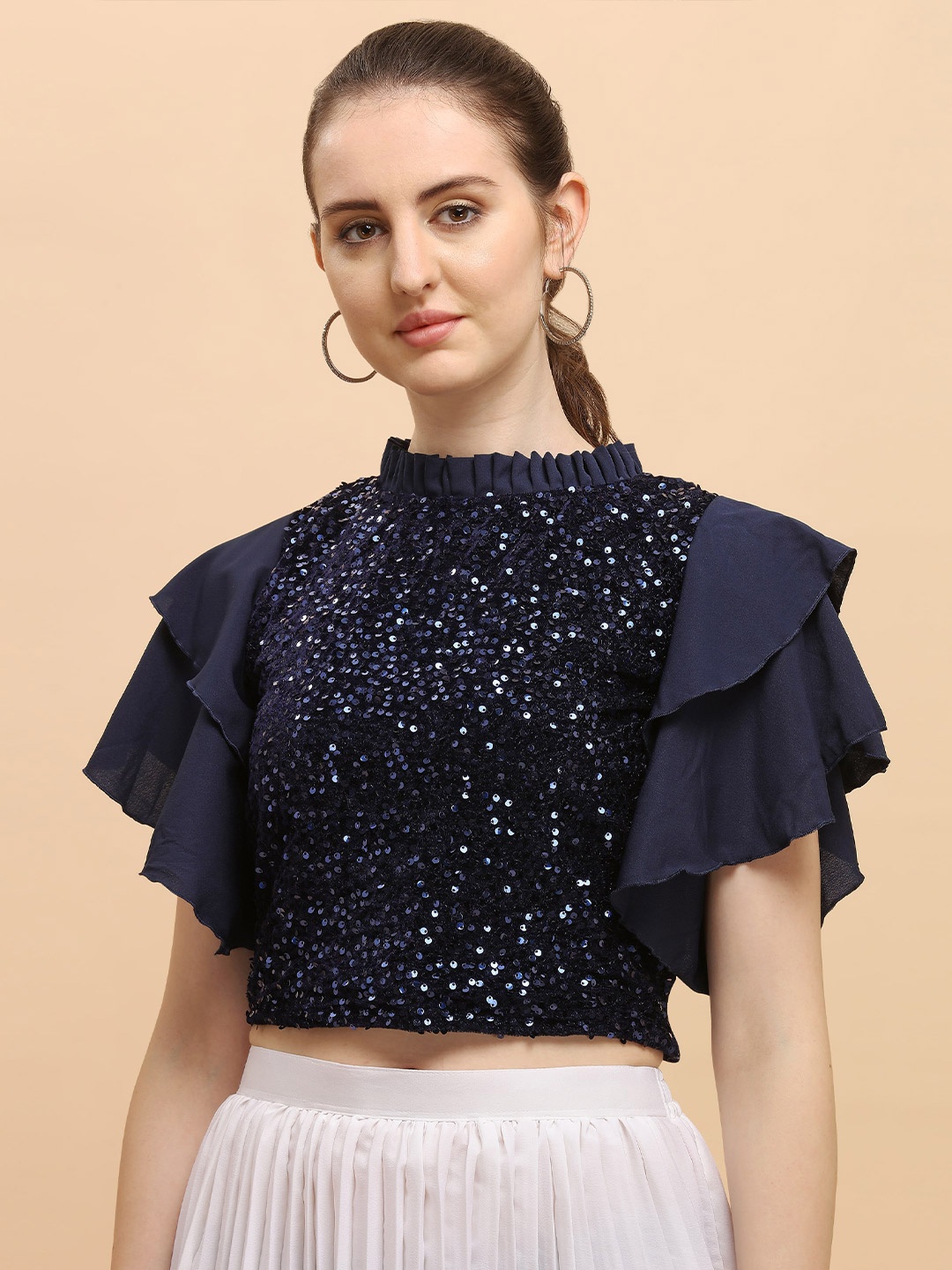 

Paralians Blue Embellished Velvet Crop Top