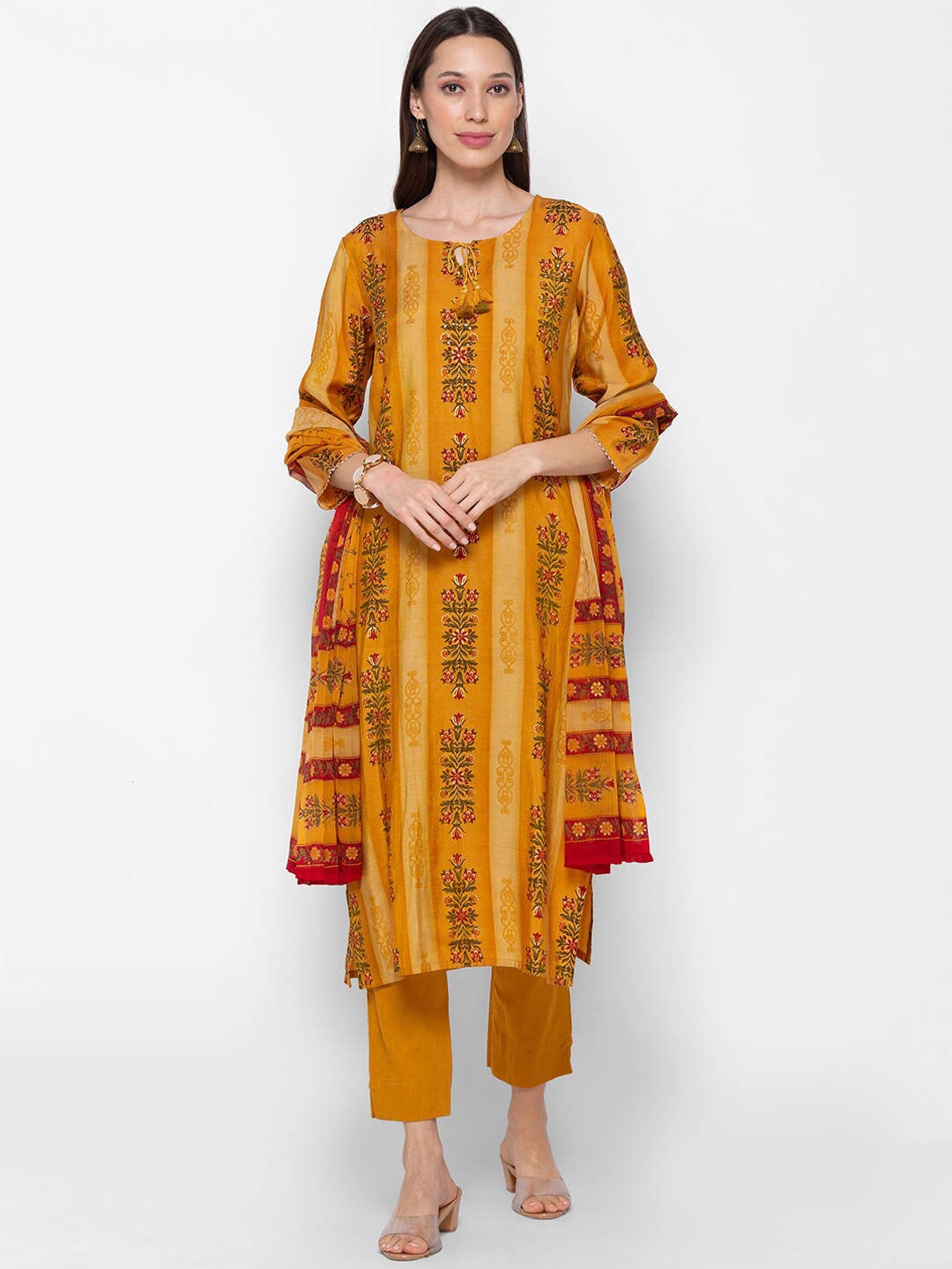 

ZOLA Women Mustard Yellow Panelled Kurti with Trousers & With Dupatta