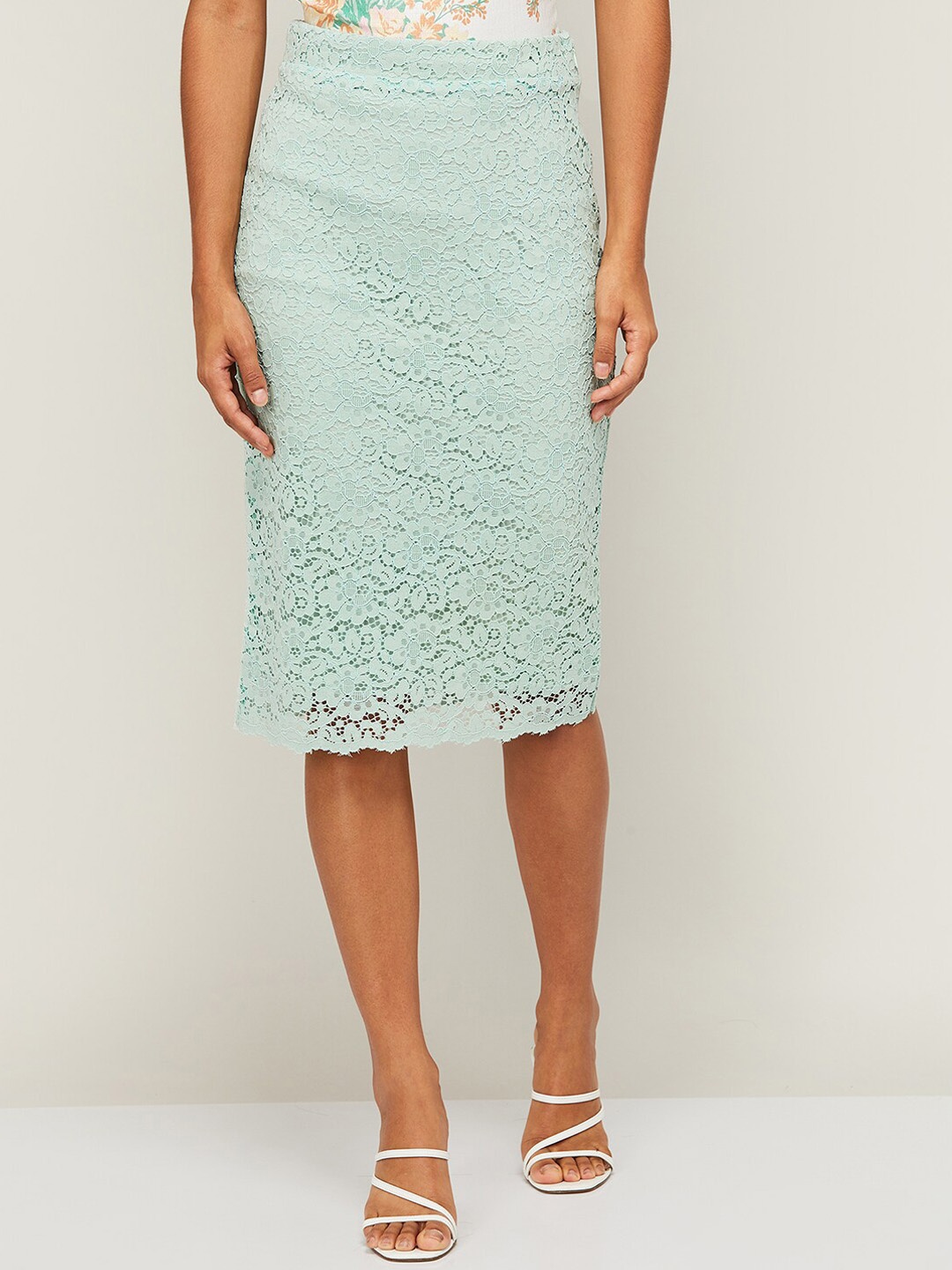 

CODE by Lifestyle Women Mint Green Self Design Pencil Skirt