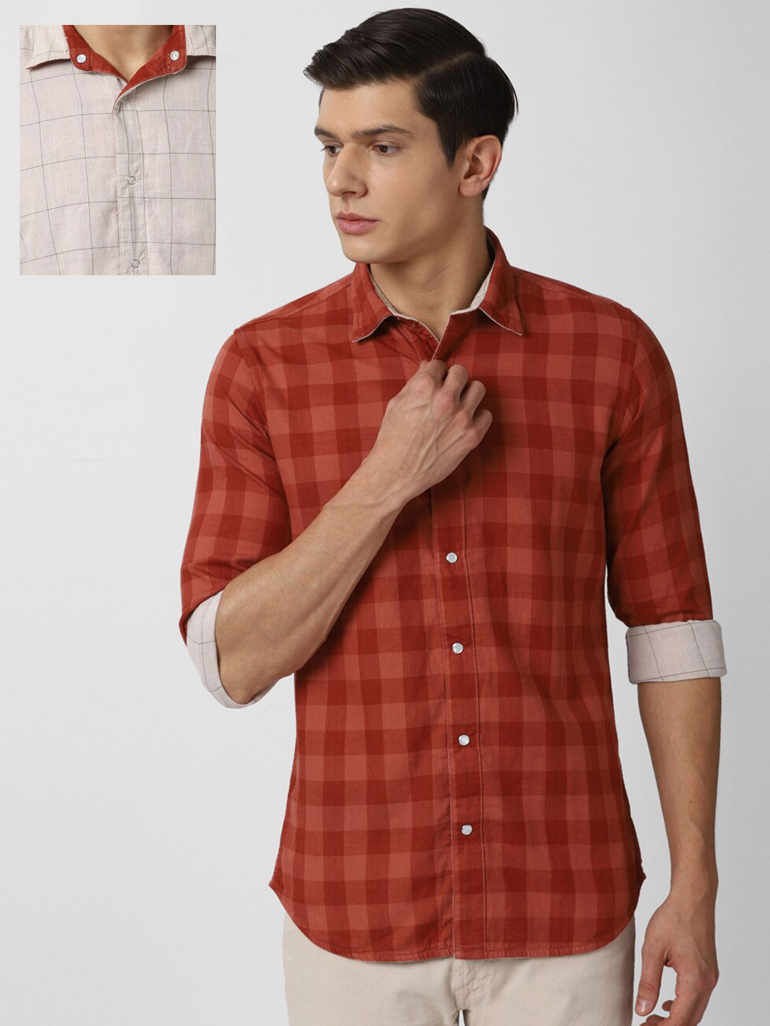 

VAN HEUSEN DENIM LABS Men Beige Slim Fit Checked Reversible Casual Shirt