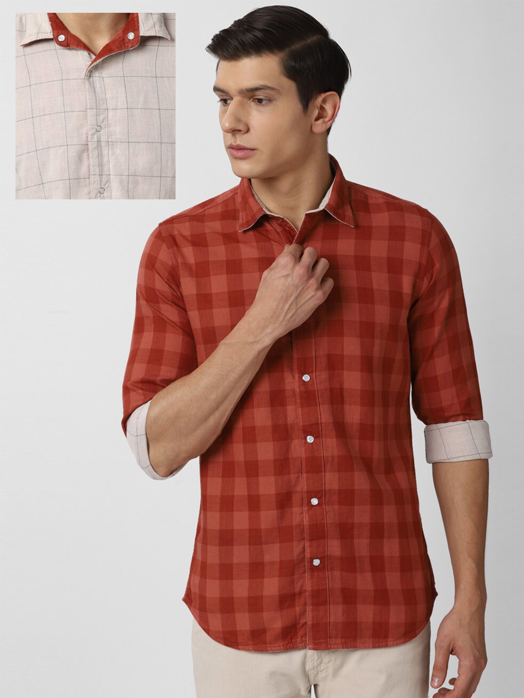 

VAN HEUSEN DENIM LABS Men Beige Slim Fit Checked Casual Shirt