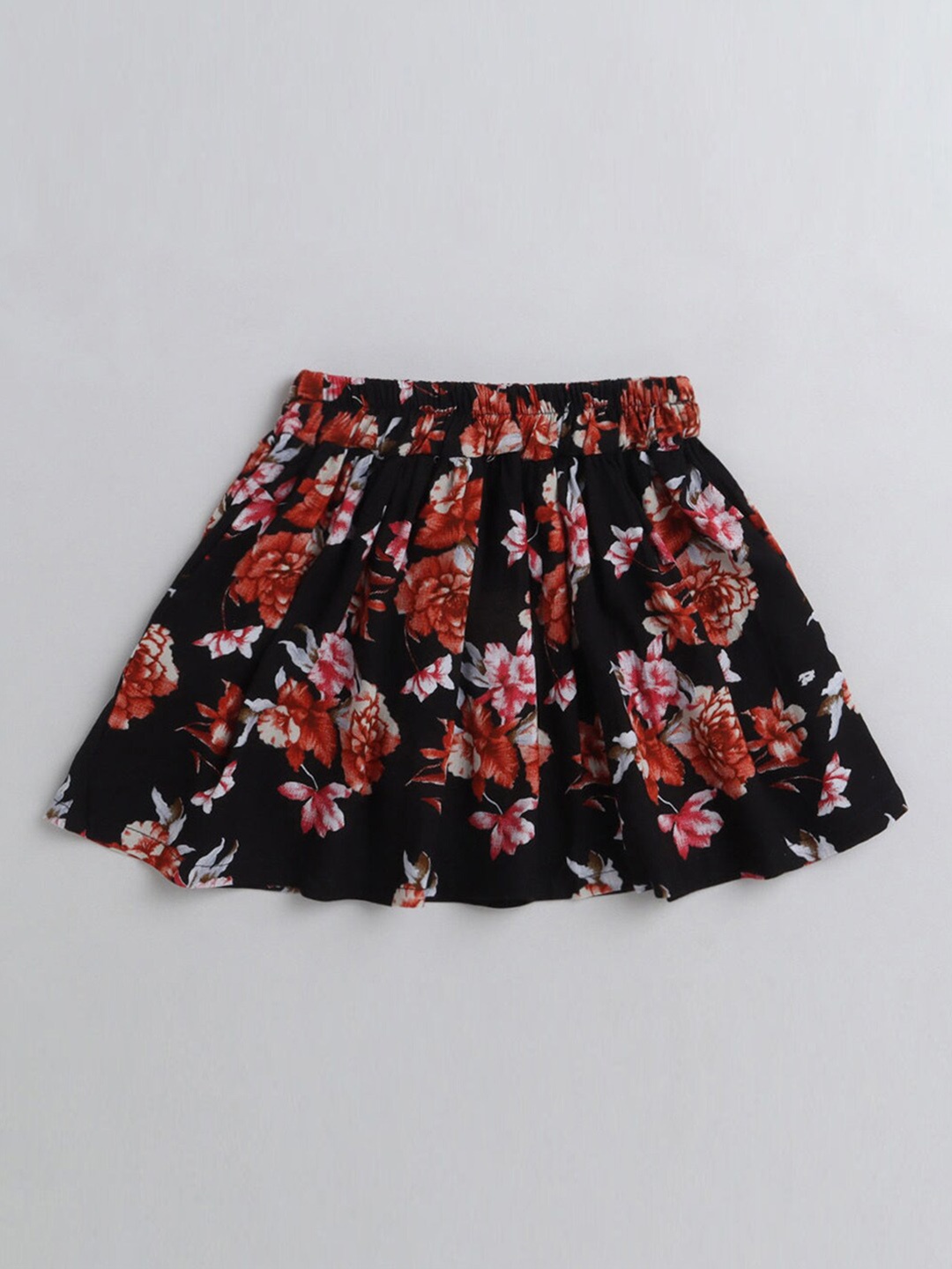 

Hopscotch Girls Black & Red Floral Printed A-Line Midi Skirt