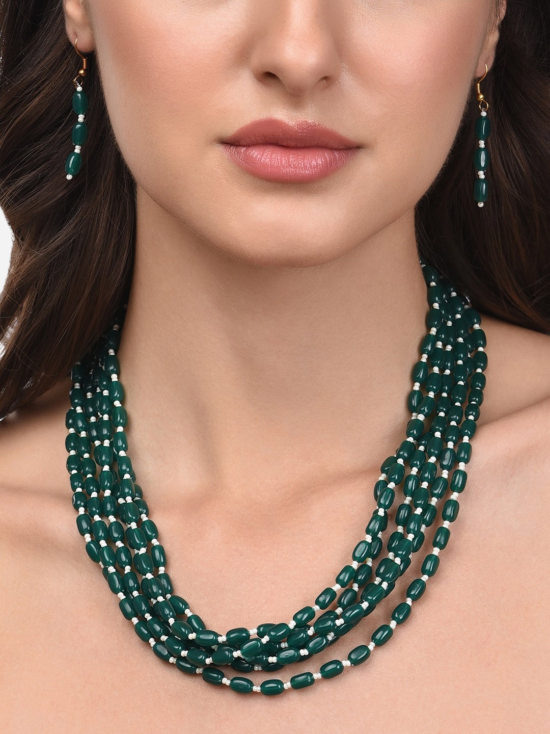 

Zaveri Pearls Gold-Plated Green Beaded Layered Necklace & Earring Set