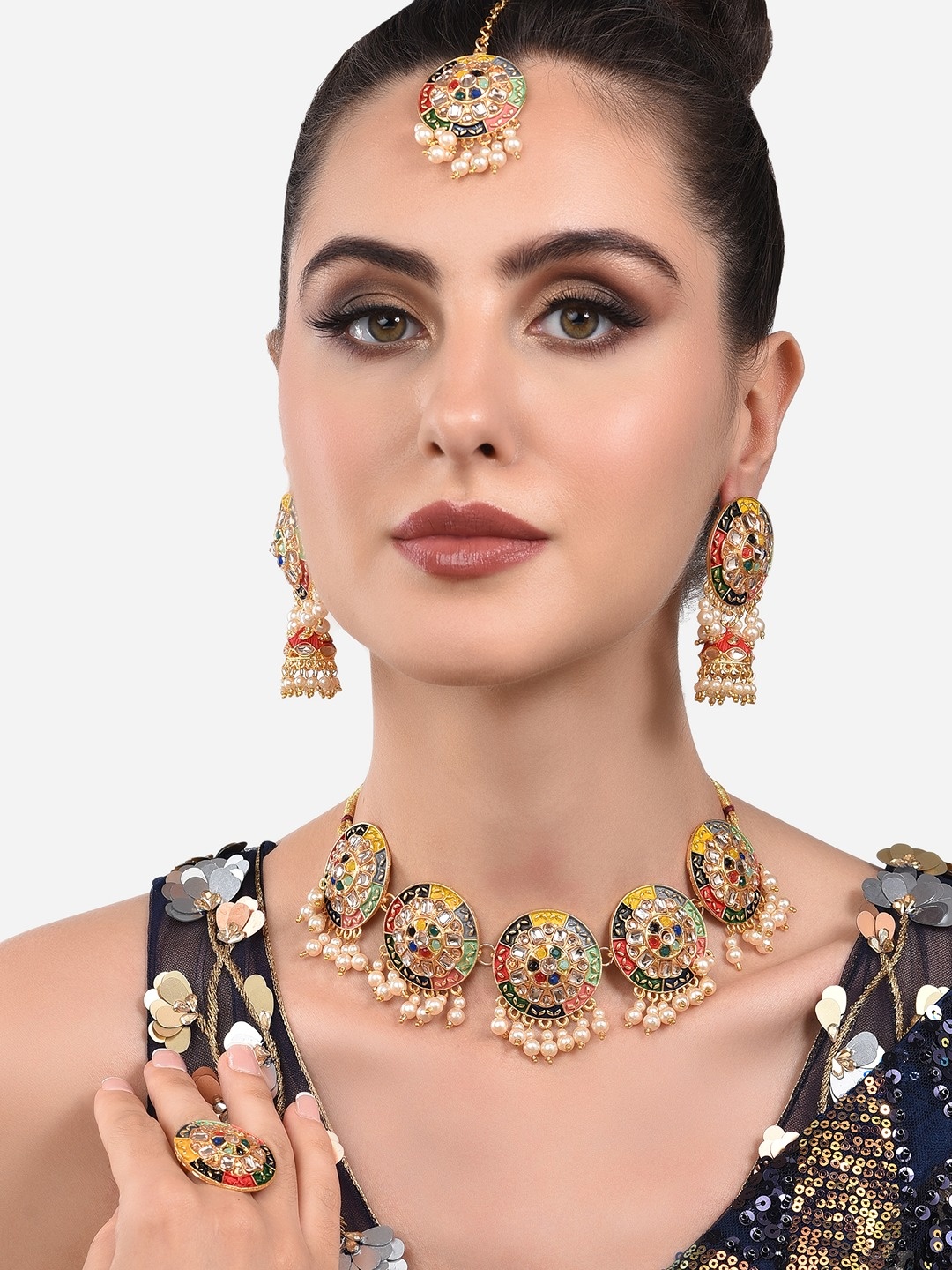 

Zaveri Pearls Gold-Plated Green & Red Stone-Studded Meenakari Jewellery Set