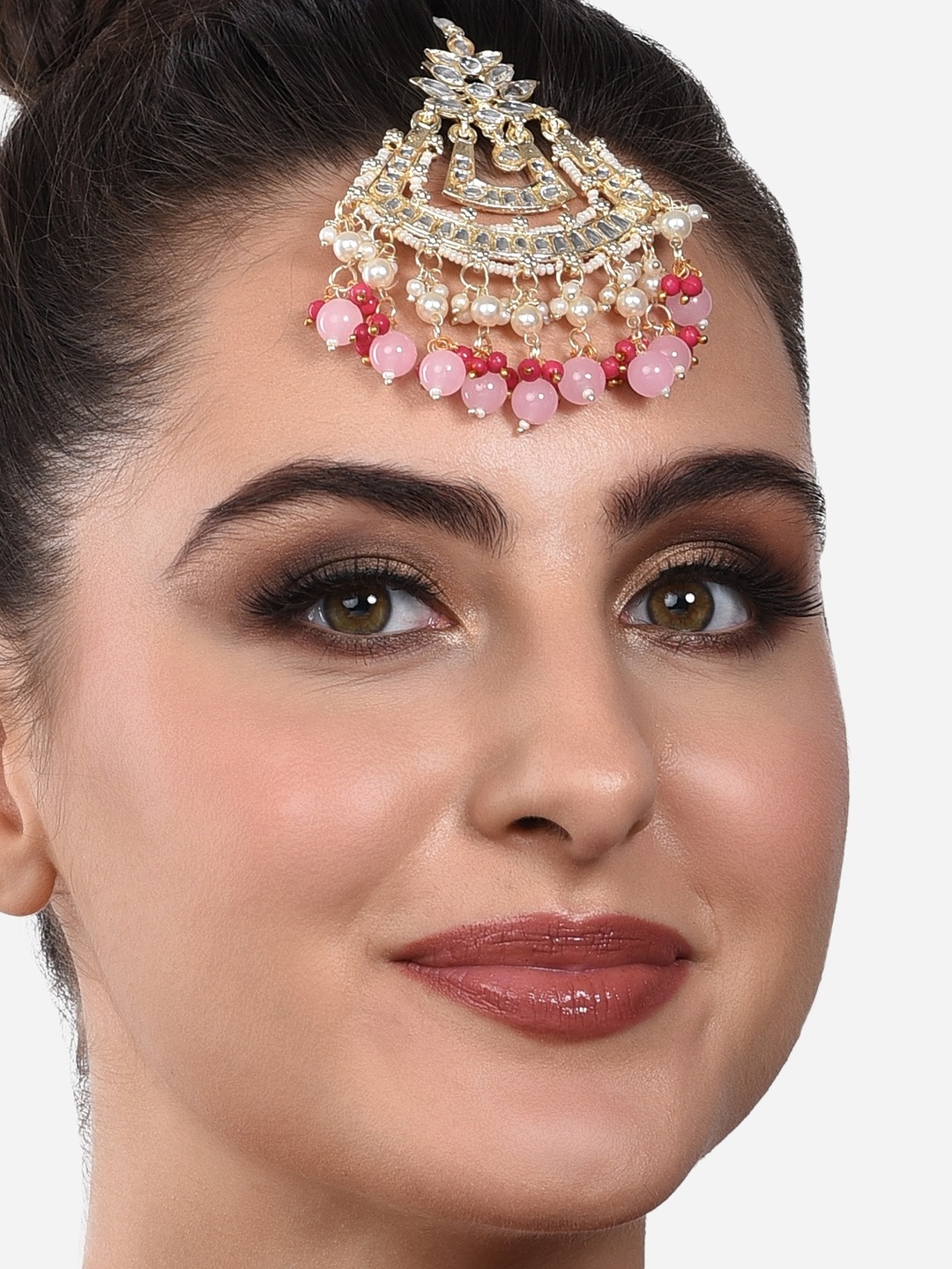 

Zaveri Pearls Gold-Plated Pink &White Kundan-Studded Maangtikka