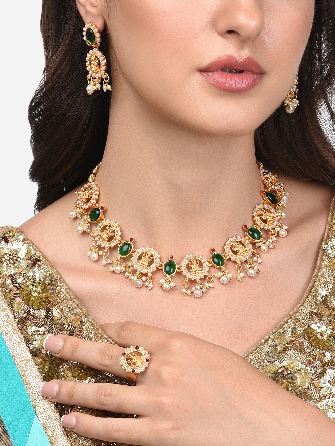 

Zaveri Pearls Women Green & Pink Gold-Plated Artificial Stone Studded Temple Jewellery Set