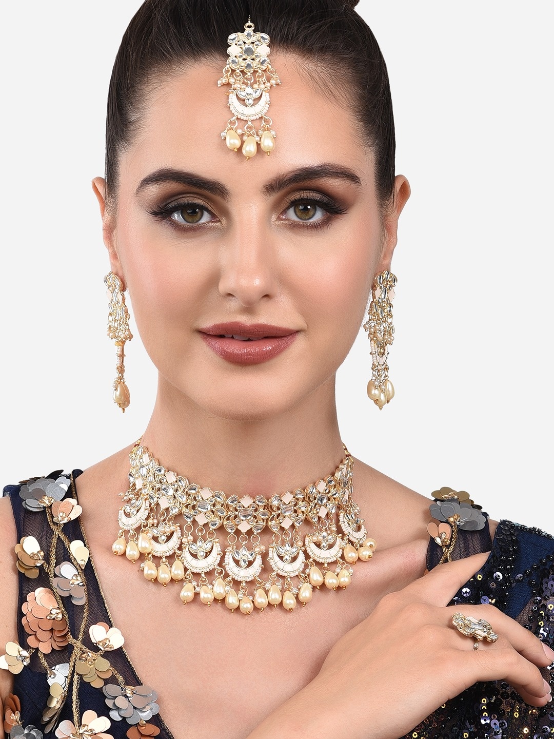 

Zaveri Pearls Gold-Tone Kundan & Pearls Meenakari Necklace Earring Maangtikka & Ring Set
