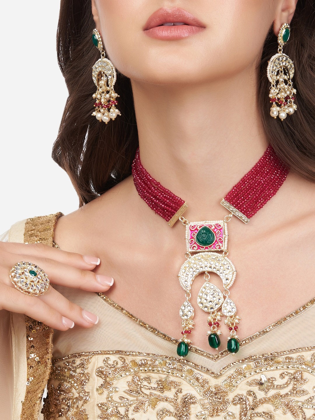 

Zaveri Pearls Gold-Plated Pink & Green Stone-Studded & Pearl Beaded Jewellery Set