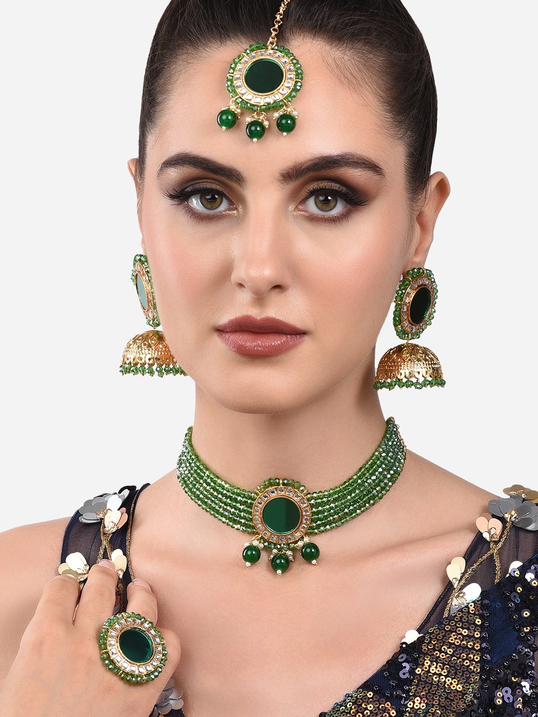 

Zaveri Pearls Gold-Plated White Crystal Studded & Green Beaded Jewellery Set