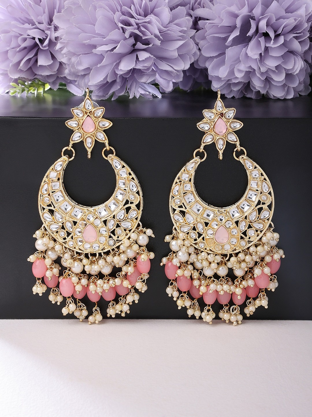

Zaveri Pearls Pink Gold-Plated Contemporary Chandbalis Earrings