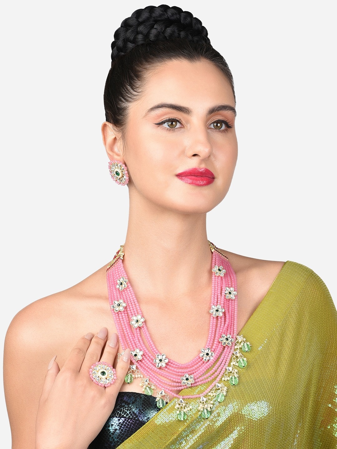 

Zaveri Pearls Women Pink & Green Gold-Plated Artificial Stone Studded Layered Jewellery Set