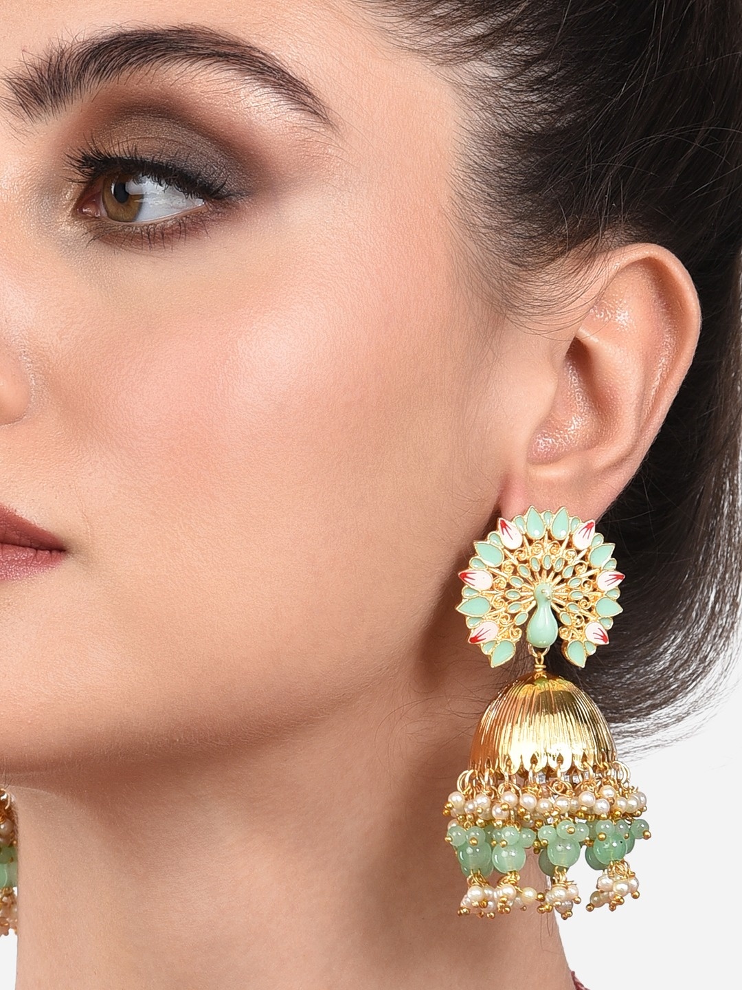 

Zaveri Pearls Green Peacock Shaped Jhumkas Earrings