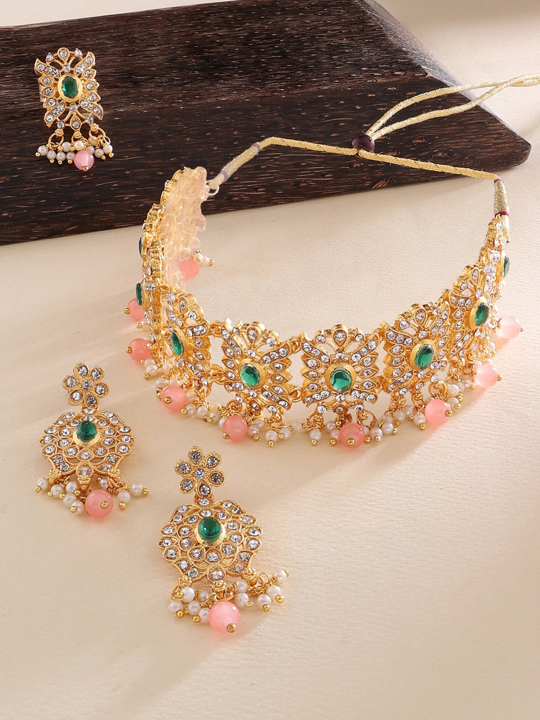 

Zaveri Pearls Gold-Plated White & Pink Stone-Studded & Beaded Jewellery Set