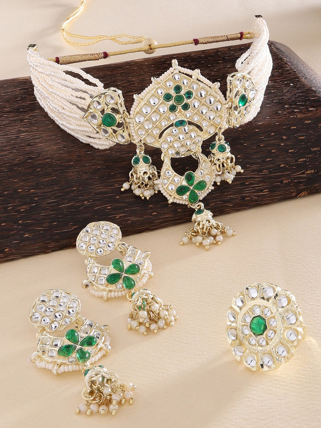 

Zaveri Pearls Women Gold-Plated Green Stone-Studded & Pearls Beaded Choker Multistrand Jewellery Set
