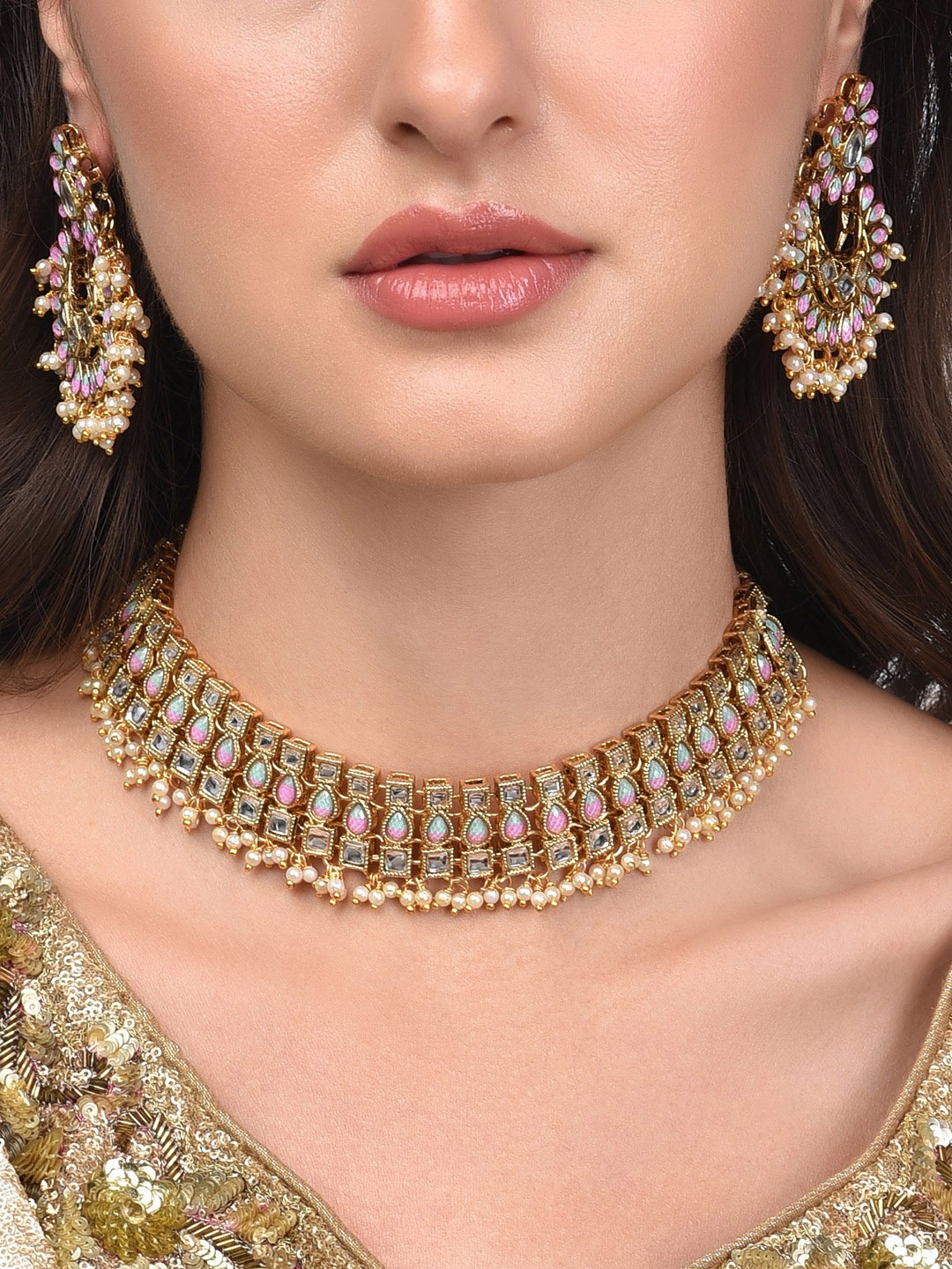 

Zaveri Pearls Gold-Plated White & Pink Stone-Studded & Beaded Jewellery Set