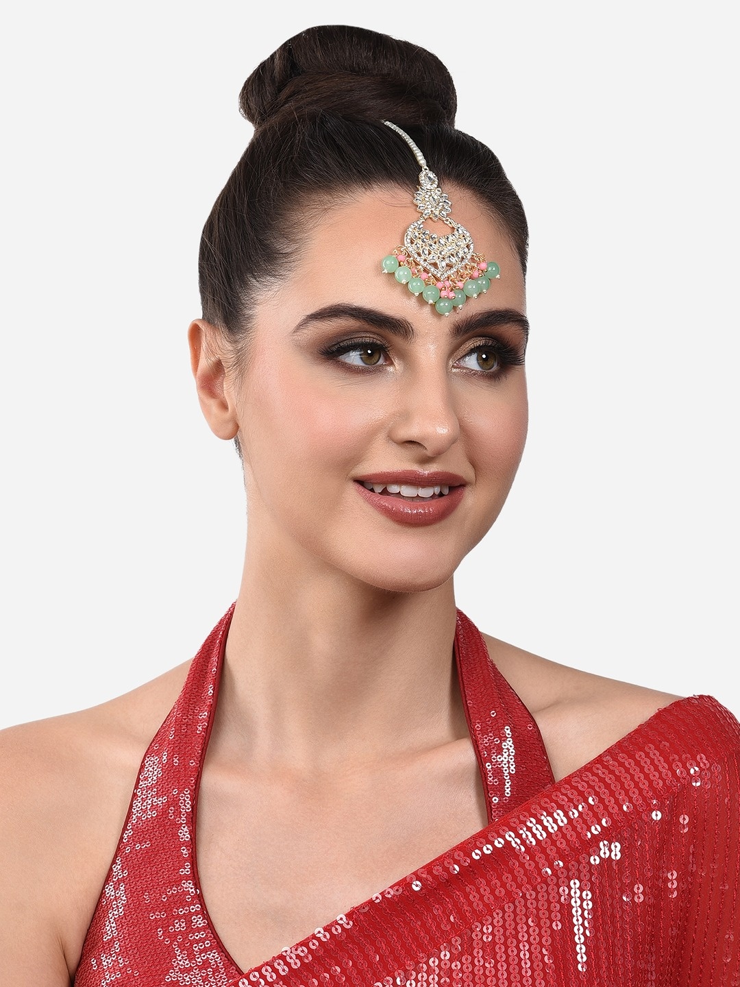 

Zaveri Pearls Gold-Plated White & Green Kundan-Studded & Beaded Maang Tikka