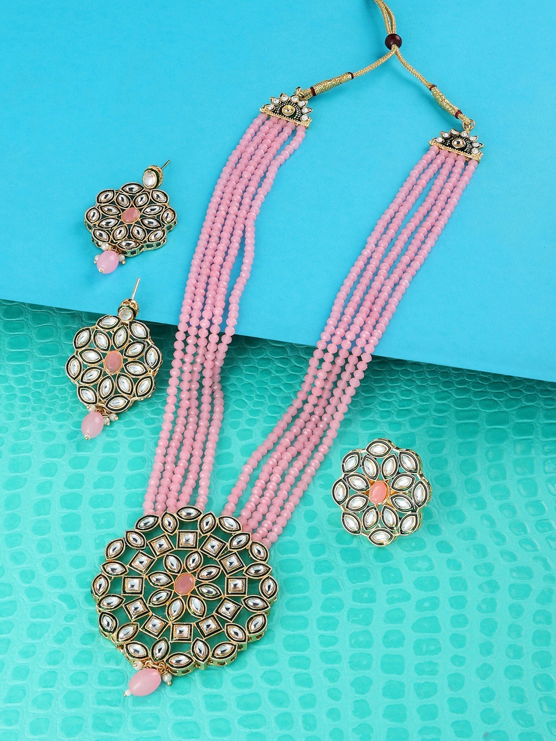 

Zaveri Pearls Gold-Plated Pink Stone-Studded & Pearl Beaded Jewellery Set