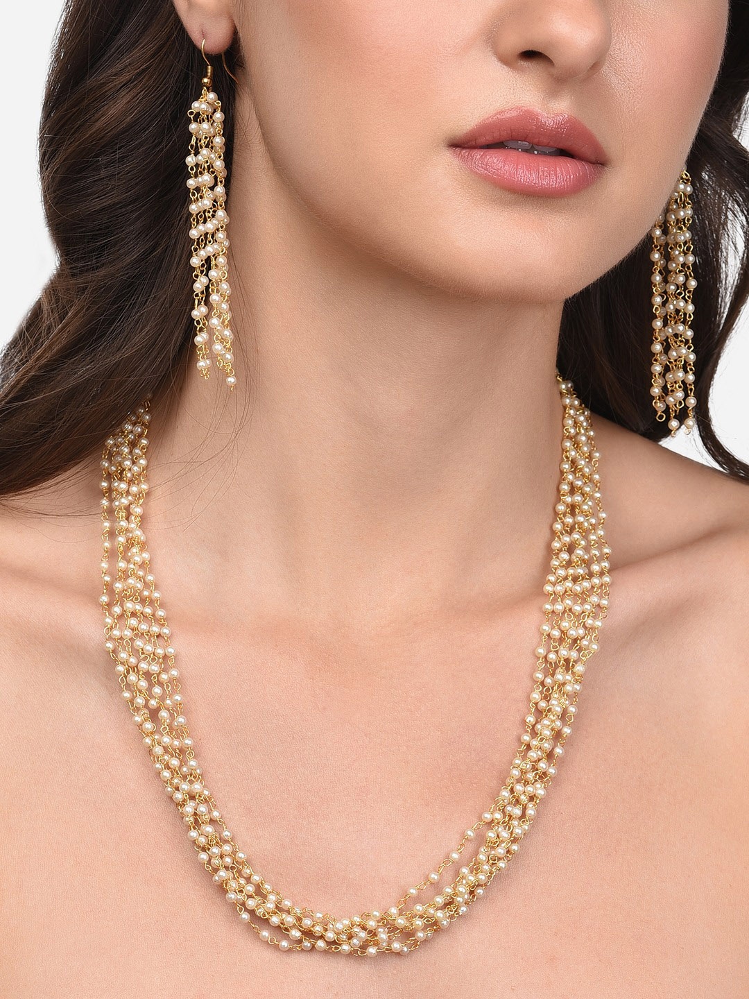 

Zaveri Pearls Gold Toned Gold Pearl Embellished Multistrand Jewellery Set