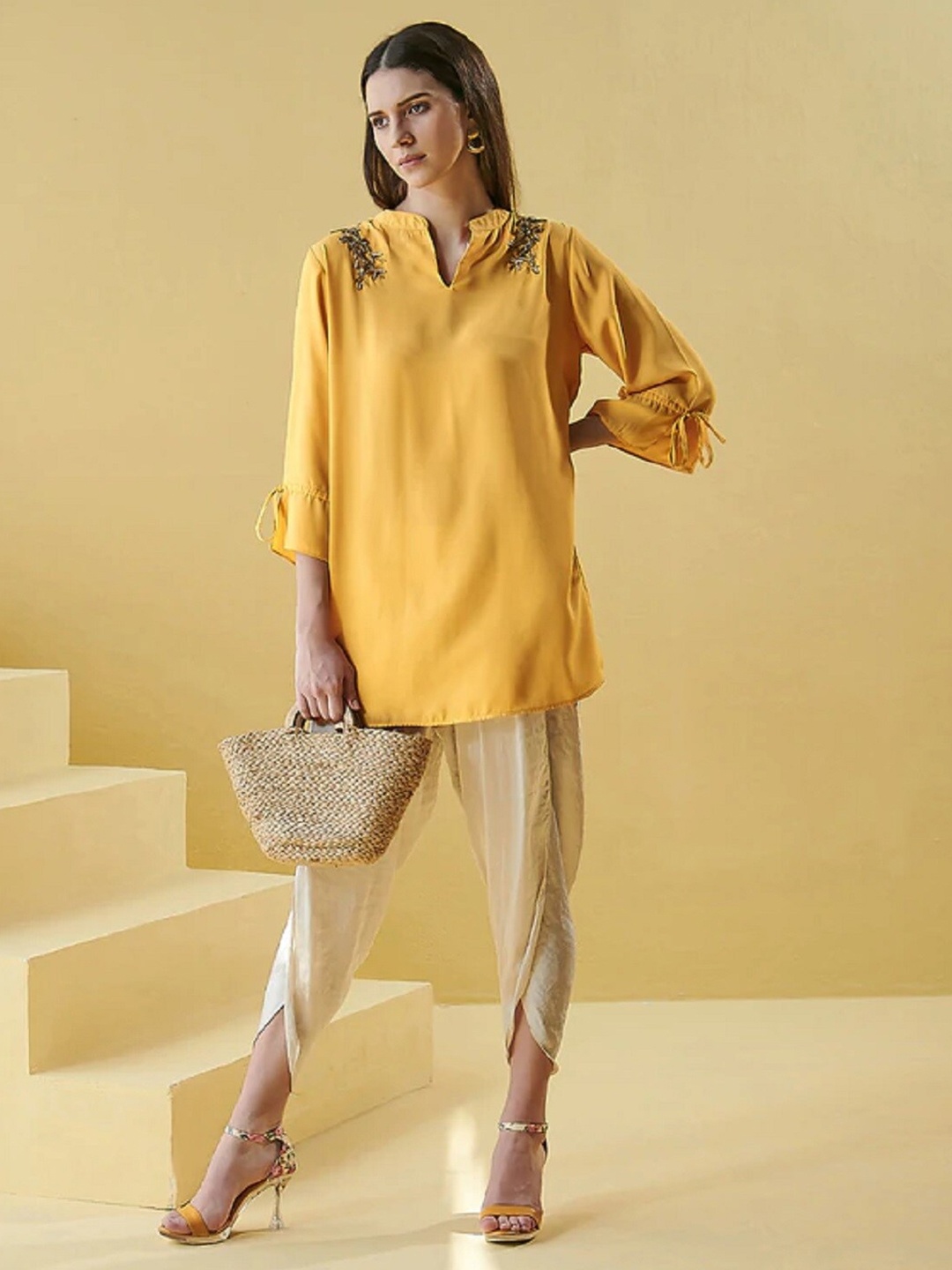 

CHIQUE Women Yellow Georgette Embroidered Shirt
