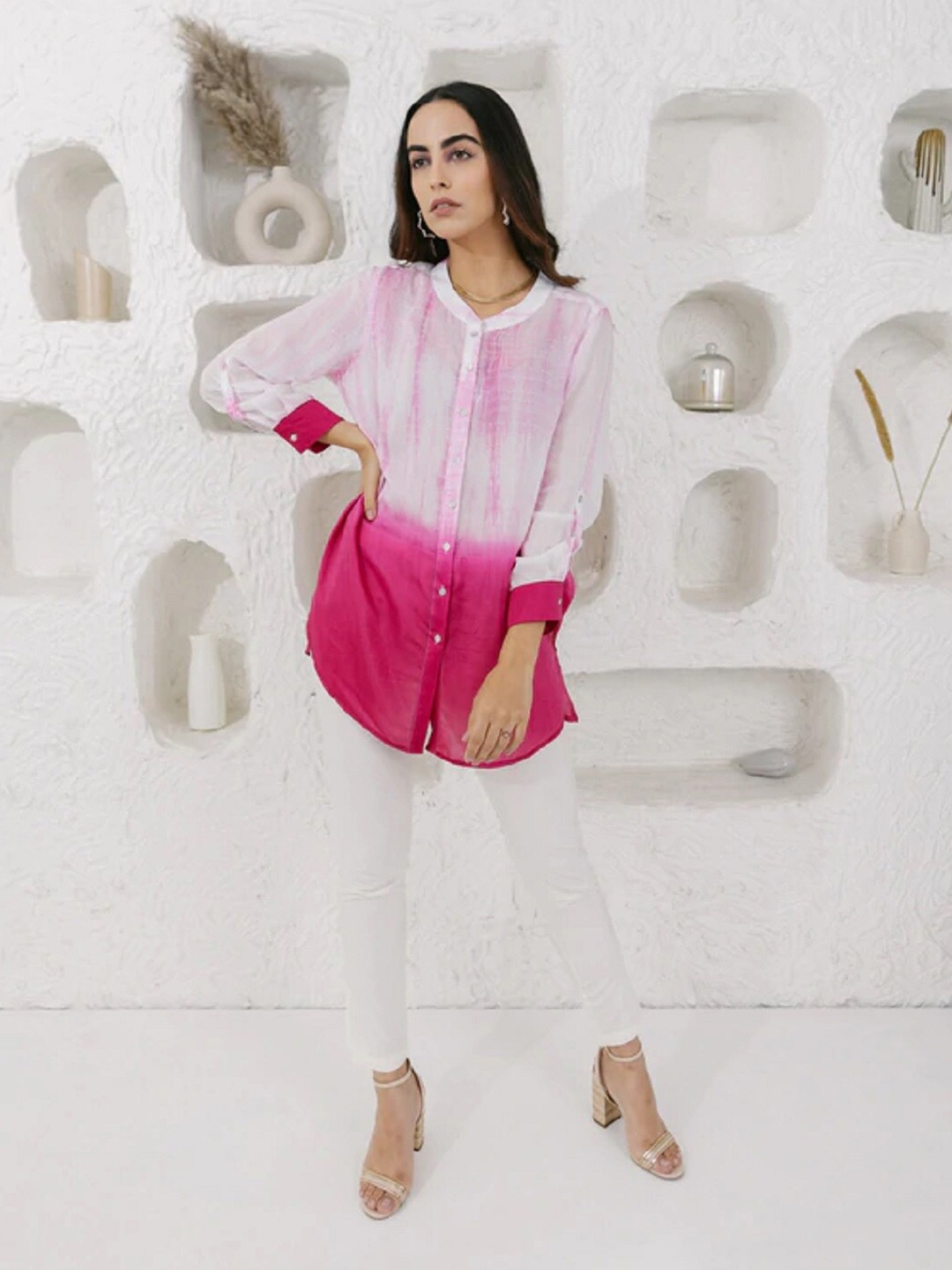 

CHIQUE Women White & Pink Dyed Casual Shirt
