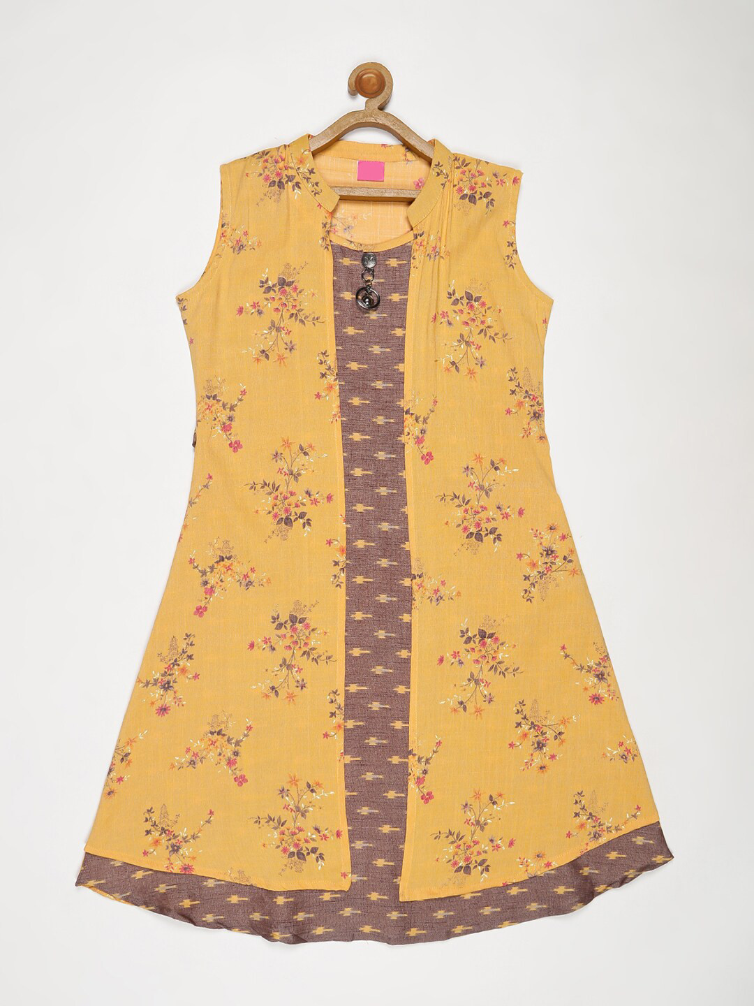 

V2 Value & Variety Yellow & Taupe Floral Printed A-Line Kurti