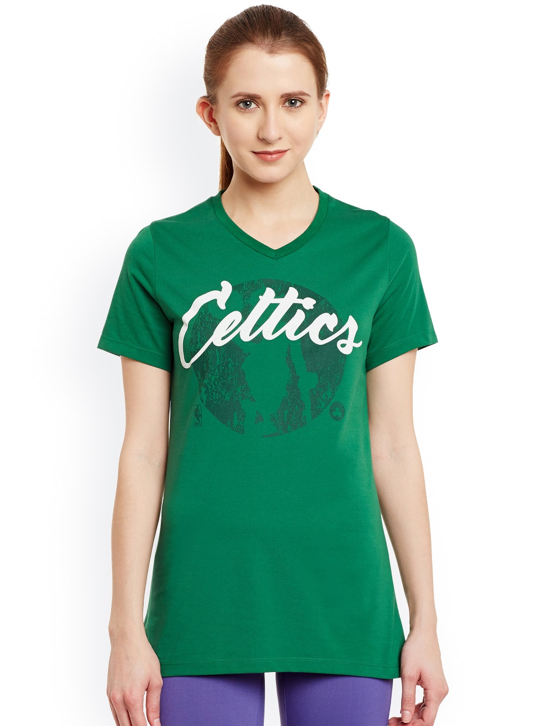 

NBA Women Green Printed V-Neck T-shirt