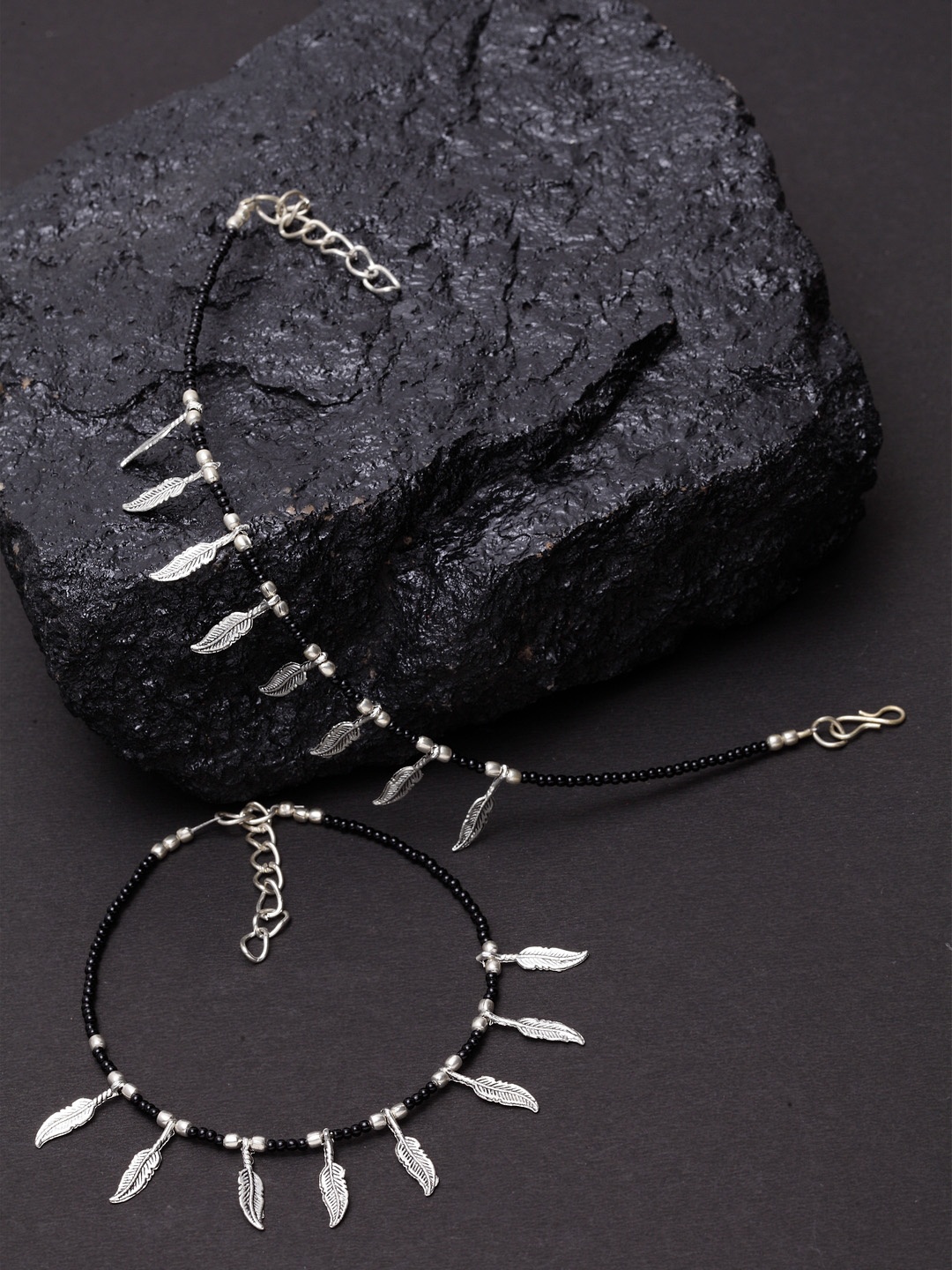 

PANASH Silver Plated & Black Oxidised Anklets