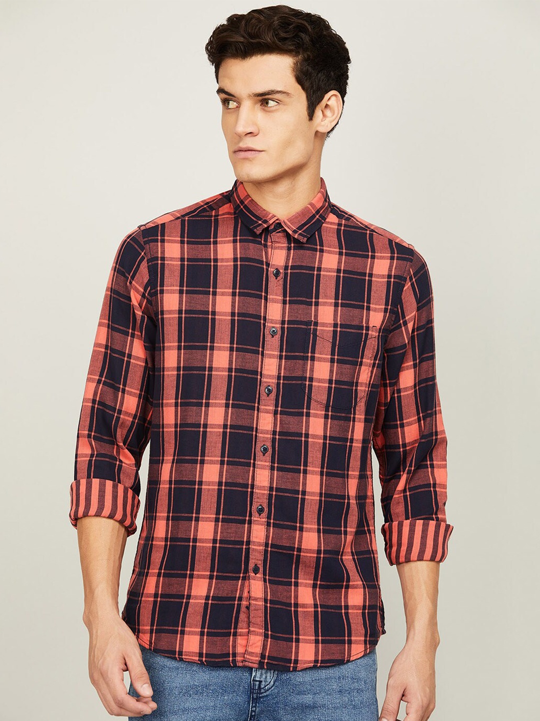 

Fame Forever by Lifestyle Men Red Slim Fit Tartan Checked Cotton Casual Shirt