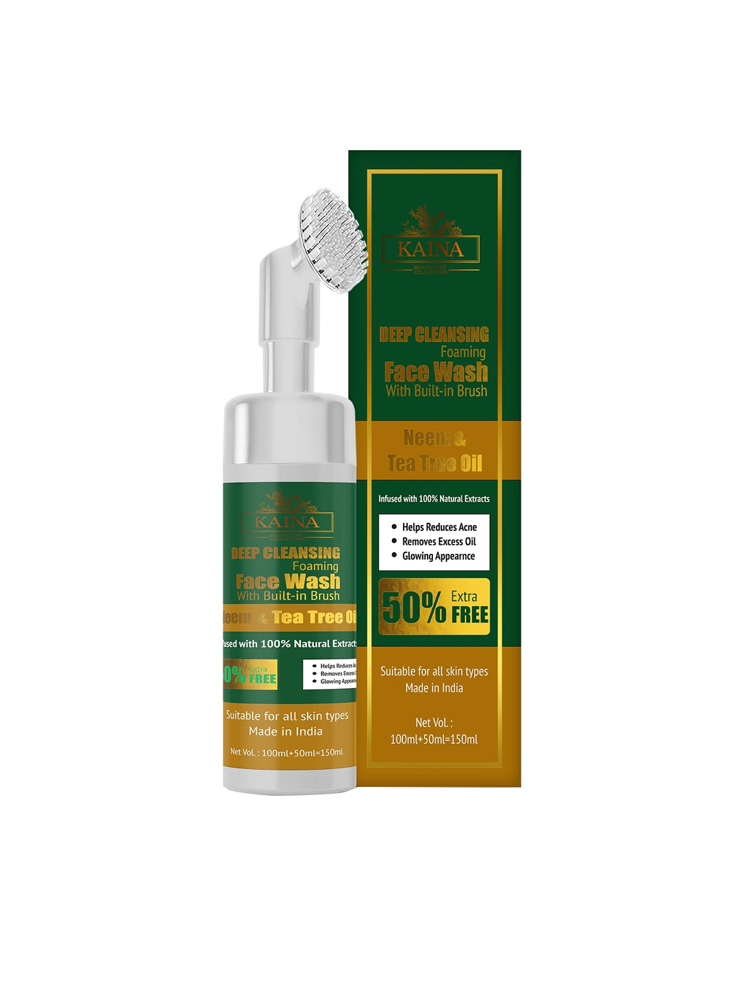 

Kaina skincare Deep Cleansing Foaming Face Wash with Built-in Brush - 150 ml, Green
