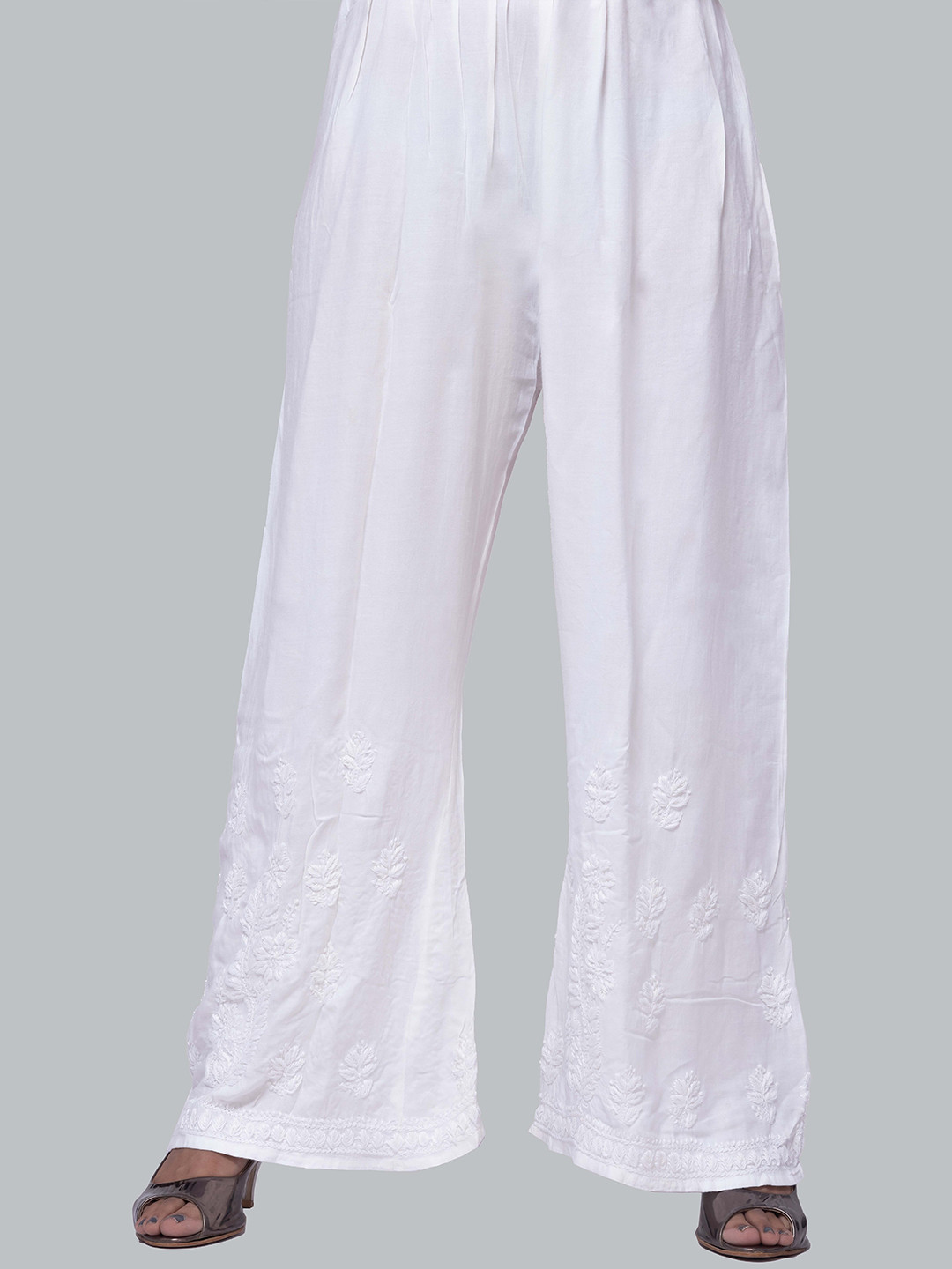 

FAWOMENT Women White 2 Floral Embroidered Handloom Linen Ethnic Palazzos