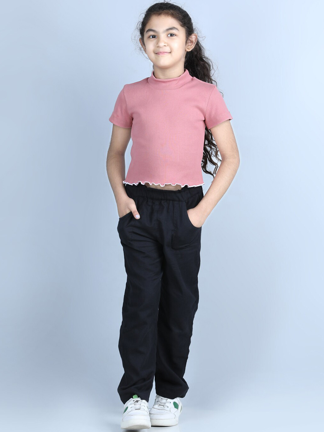 

luyk Girls Black & Pink Cotton Top with Trousers