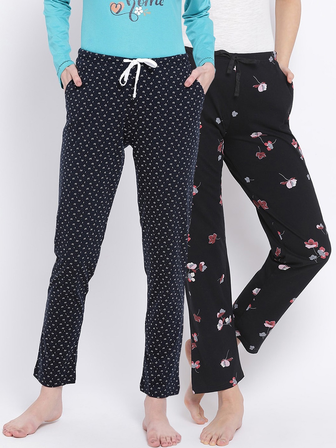 

Kanvin Women Pack Of 2 Printed Pure Cotton Lounge Pants, Black