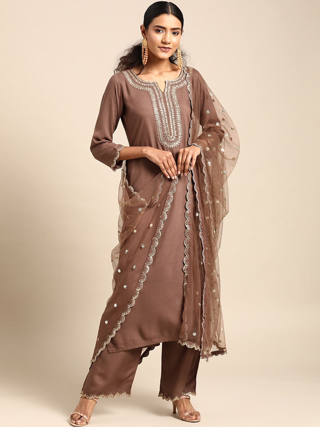 

Nayo Women Taupe Sequinned Kurti with Trousers & With Dupatta