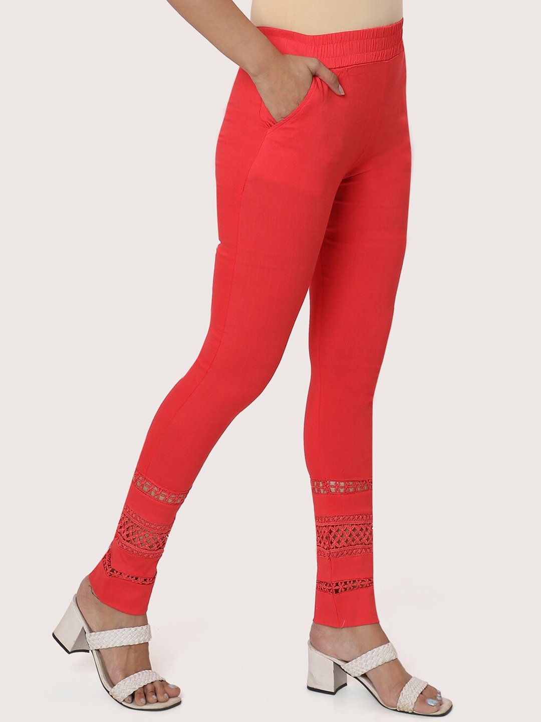 

ZRI Women Red Embroidered Cotton Smart Trousers