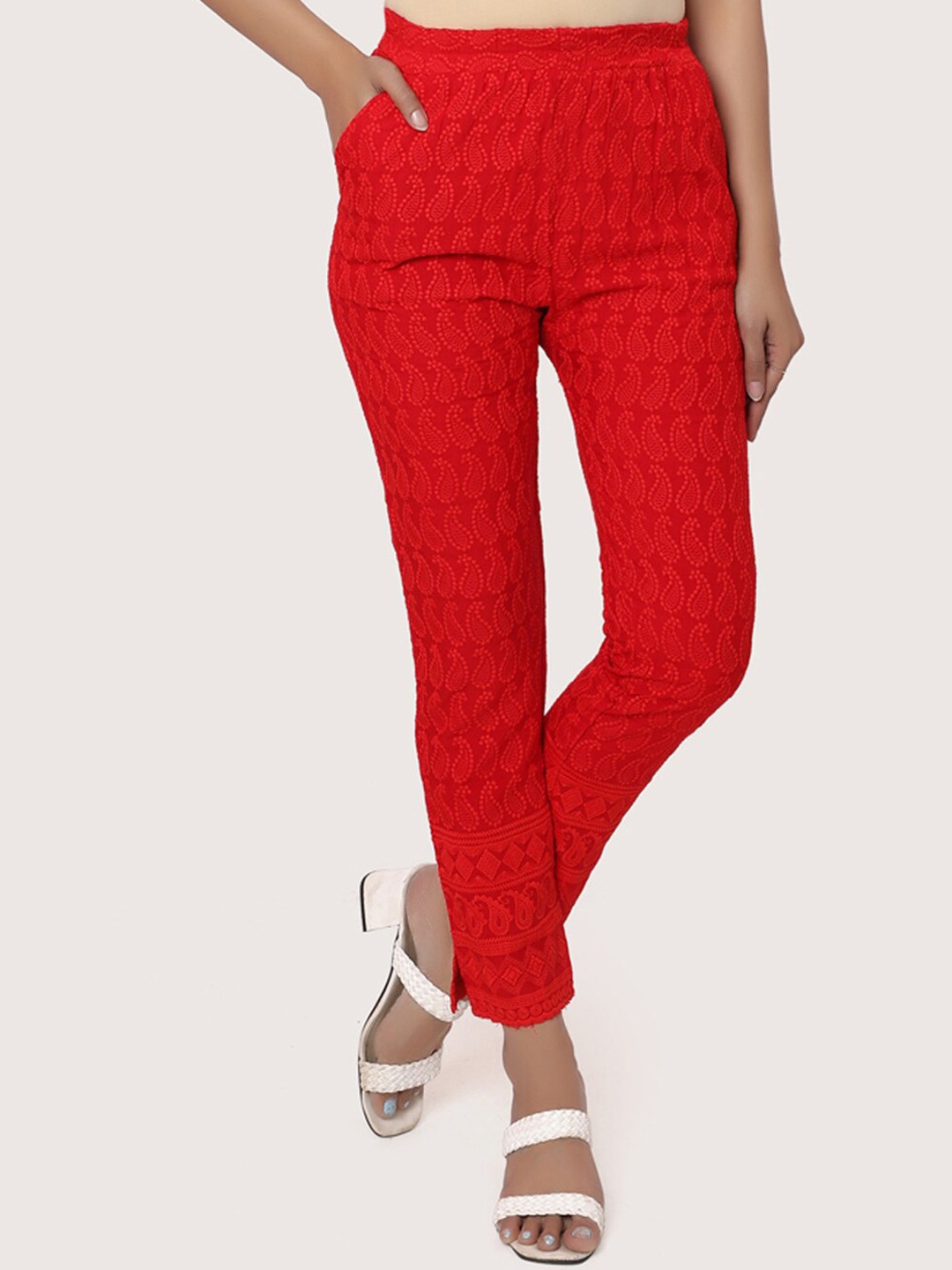 

ZRI Women Red Ethnic Motifs Chikankari Regular Cotton Cigarette Trousers