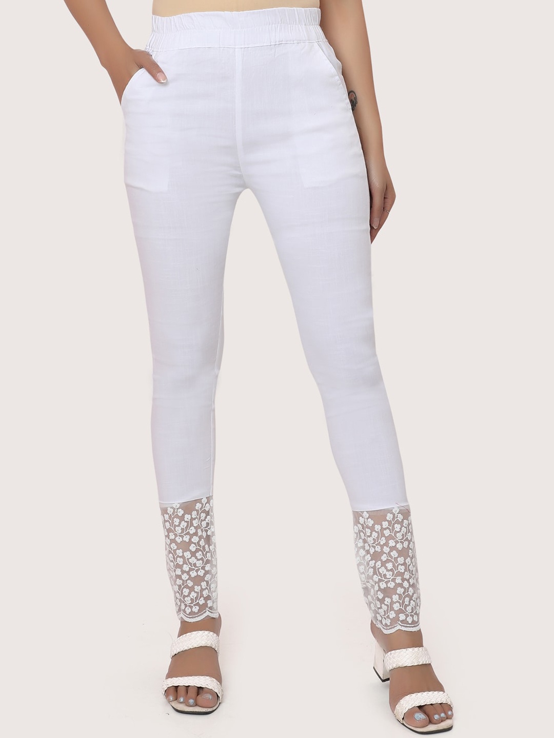 

ZRI Women White Embroidered Cotton Smart Cigarette Trousers
