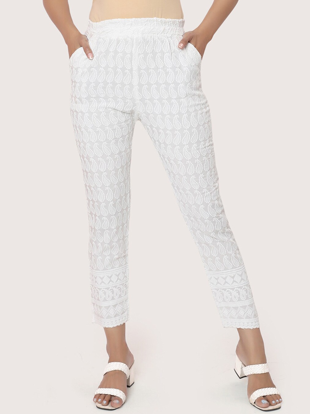 

ZRI Women White Ethnic Motifs Chikankari Regular Cotton Cigarette Trousers