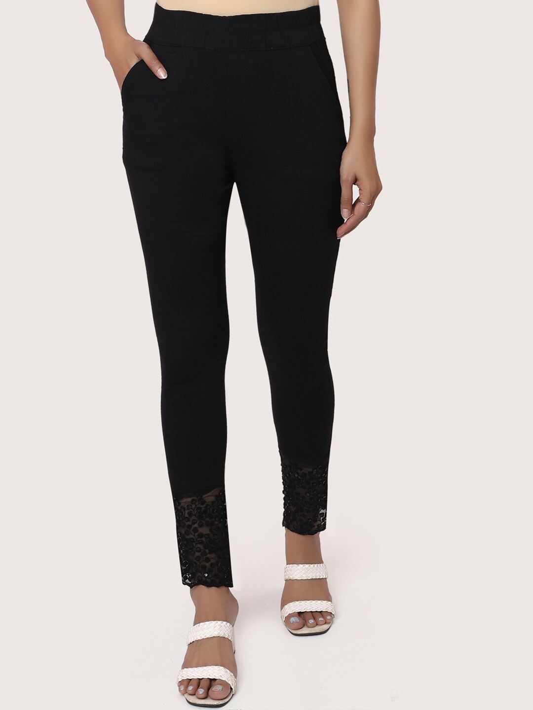 

ZRI Women Black Floral Embroidered Smart Trousers