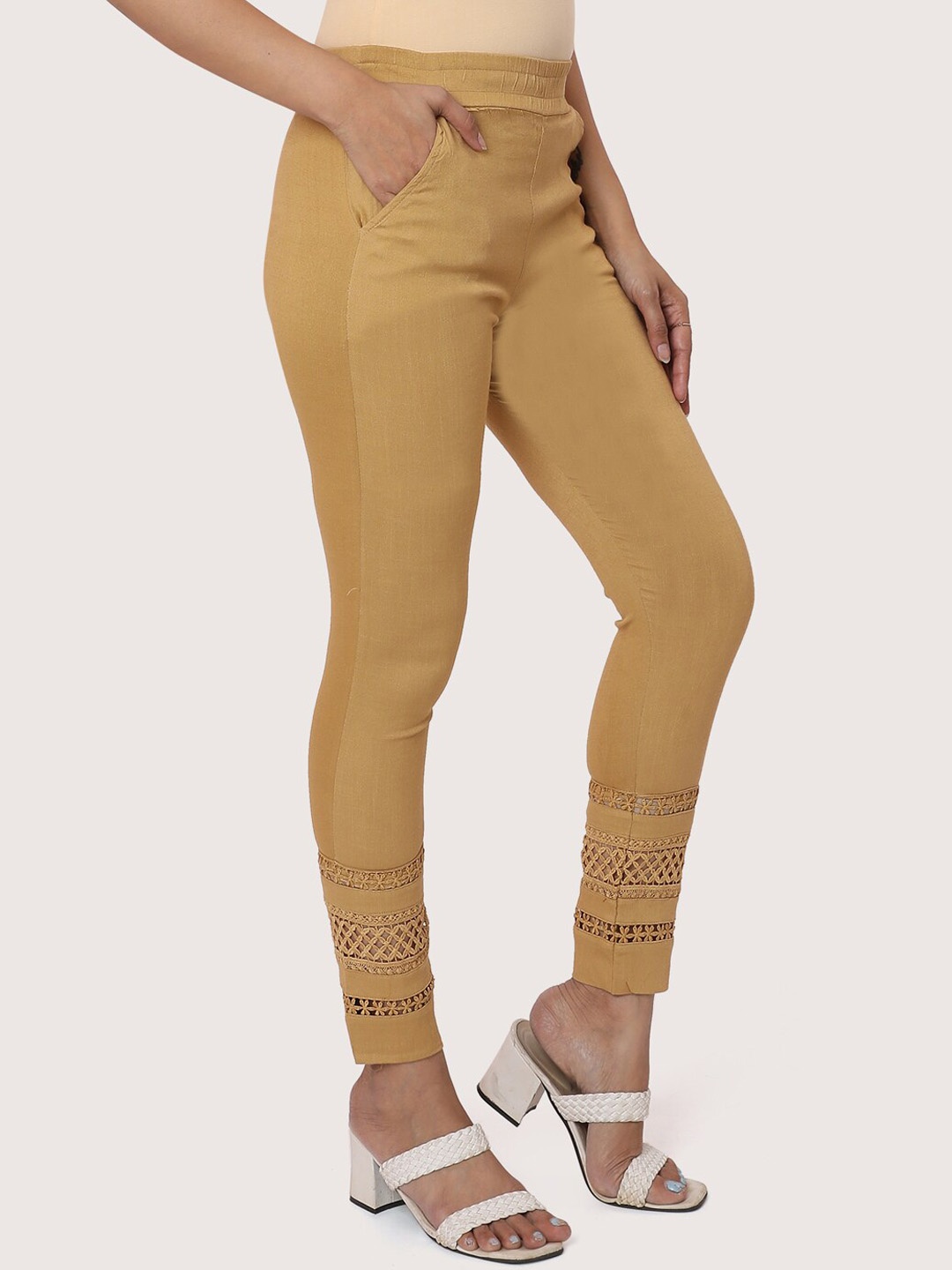 

ZRI Women Beige Smart Solid Lace Trousers