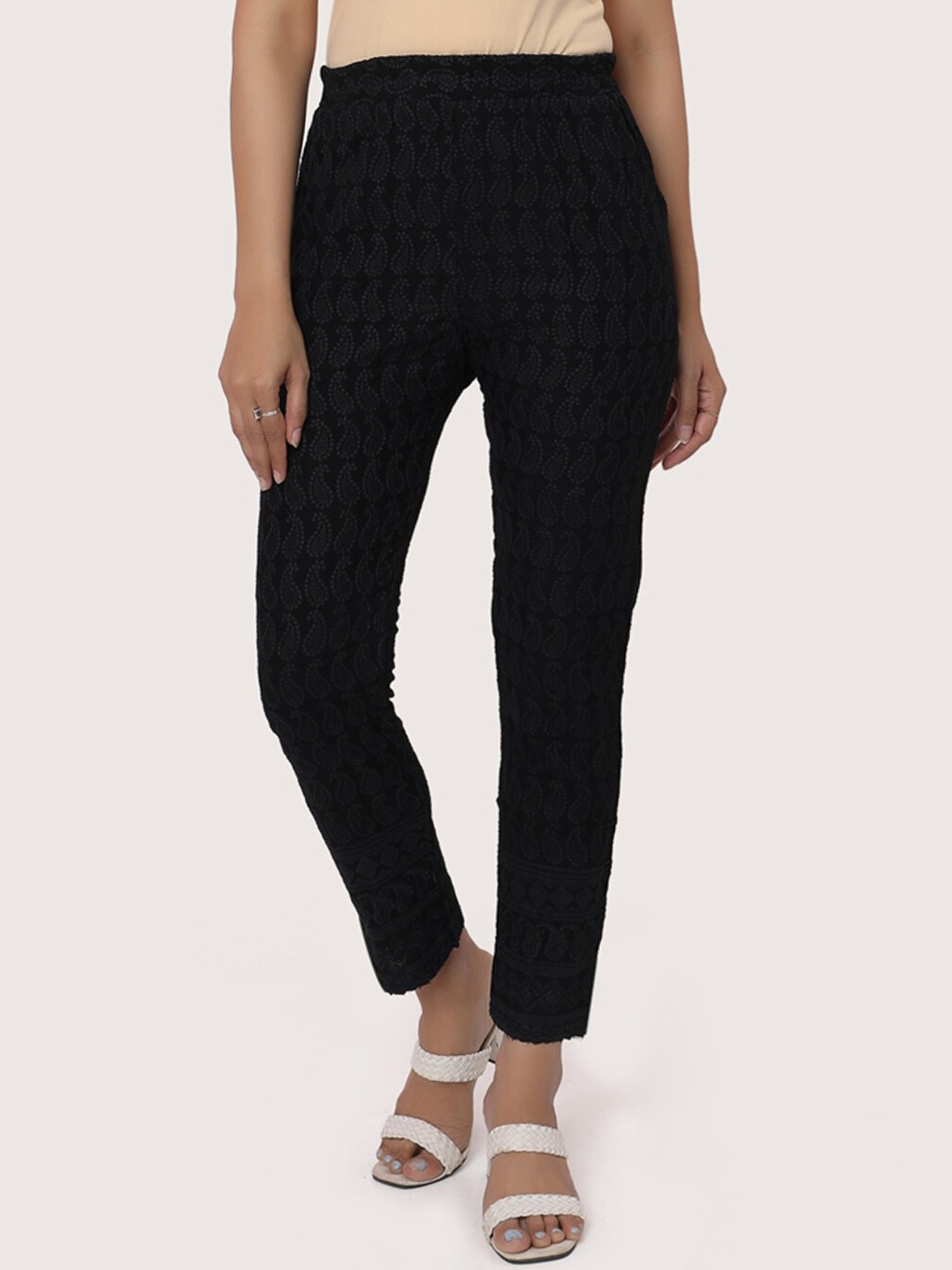 

ZRI Women Black Ethnic Motifs Printed Smart Trousers