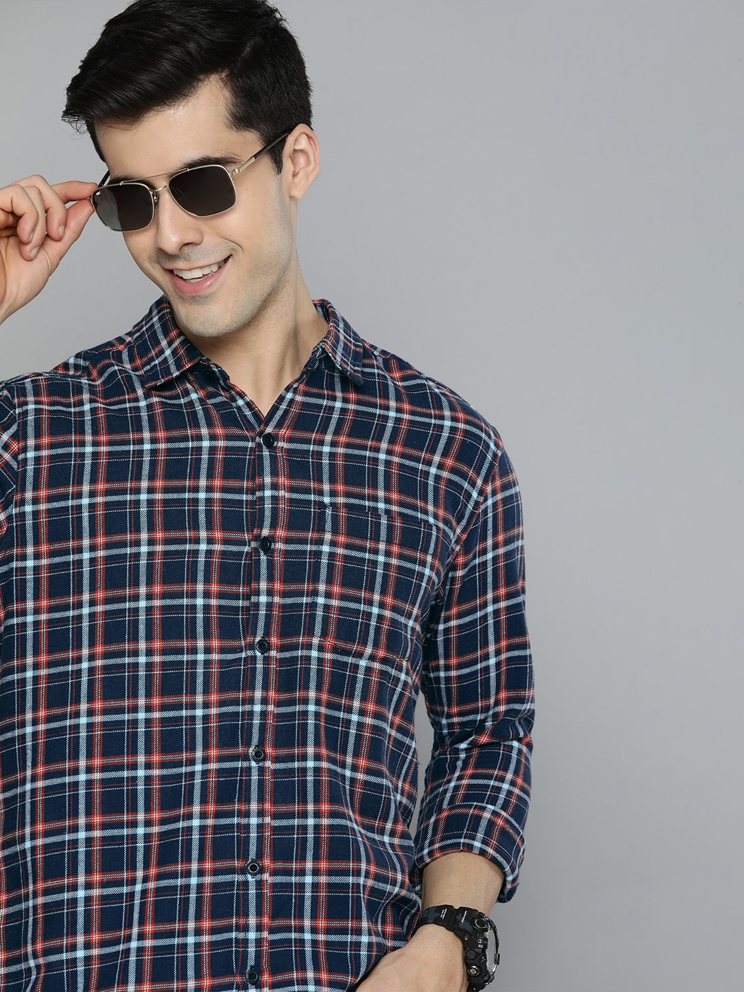 

HERE&NOW Men Navy Blue & Brown Slim Fit Checked Sustainable Casual Shirt