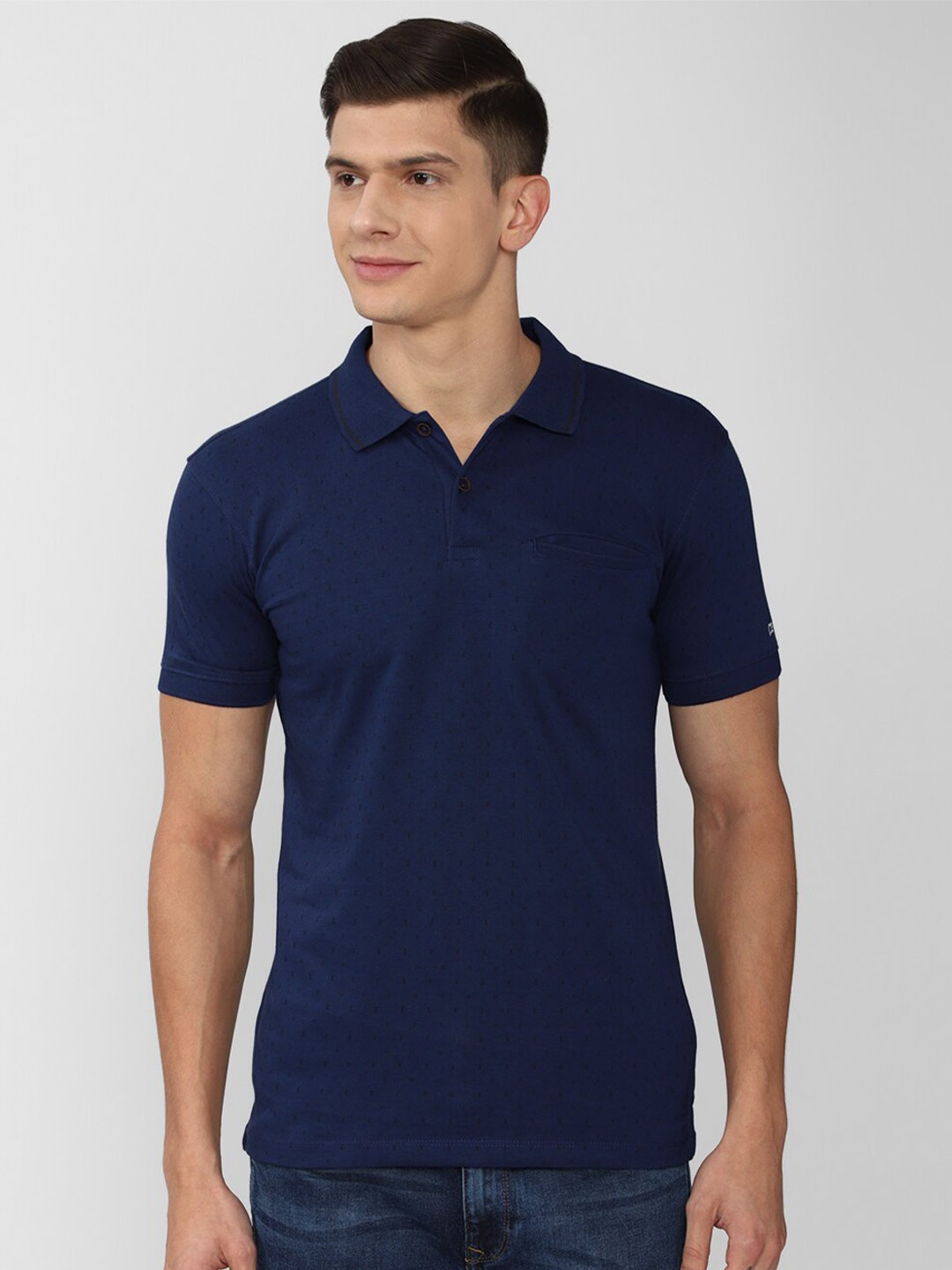 

Peter England Casuals Men Navy Blue Polo Collar Pure Cotton Slim Fit T-shirt